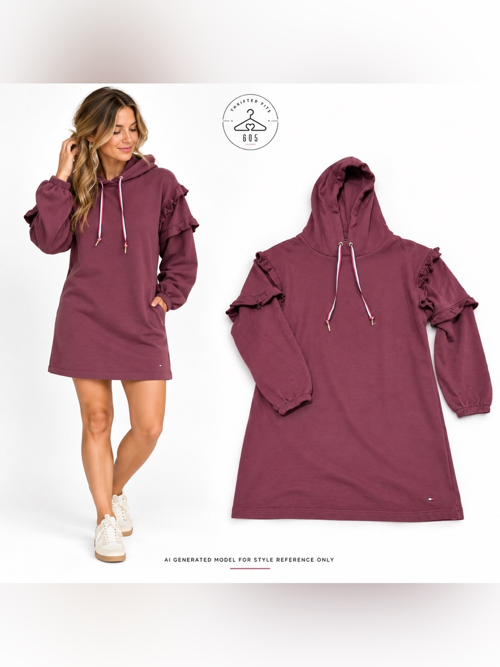 Tommy Hilfiger Women's Ruffle Sleeve Hoodie Mini Dress in Plum/Burgundy size M